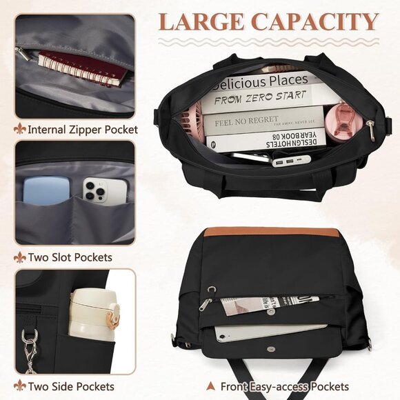 Women Black Multi-Pocket Waterproof Travel Canvas Tote Bags with Zipper - Picture 3 of 6